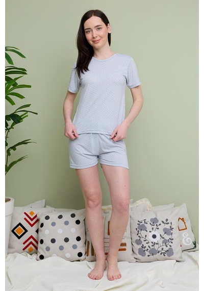 Fullamoda Puantiye Desenli Bisiklet Yaka Şortlu Pijama Takımı Grimelanj