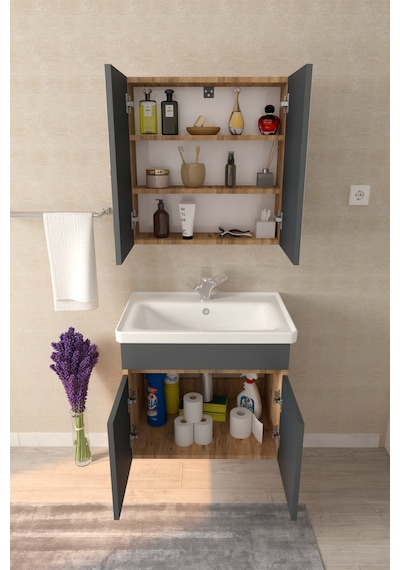 Makbulce Tokyo 65cm Seramik Lavabolu Mdf Aynalı Banyo Dolabı Atlantik Çam - Antrasit Gri Makbulce Tokyo 65cm Seramik Lavabolu Mdf Aynalı Banyo Dolabı Atlantik Çam - Antrasit Gri