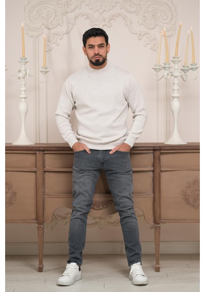 Woolen World Balıkçı Yaka Kalın Yünlü Erkek Triko Kazak Krem