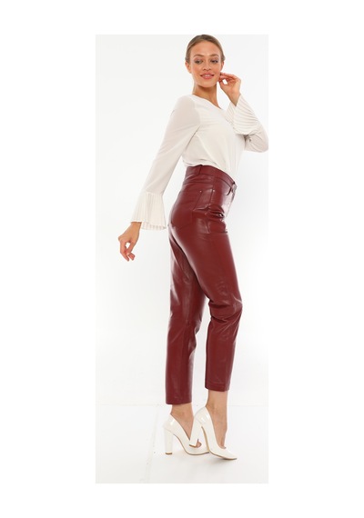Dericeketim Kadın Kırmızı Gerçek Deri Kot Model Deri Pantolon