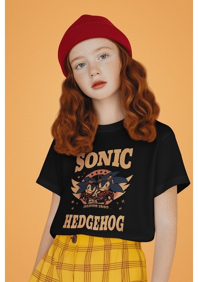 Sevbano Tasarım Sonic The Hedgehog Baskılı Unisex Çizgi Film Çocuk Tişört SIYAH