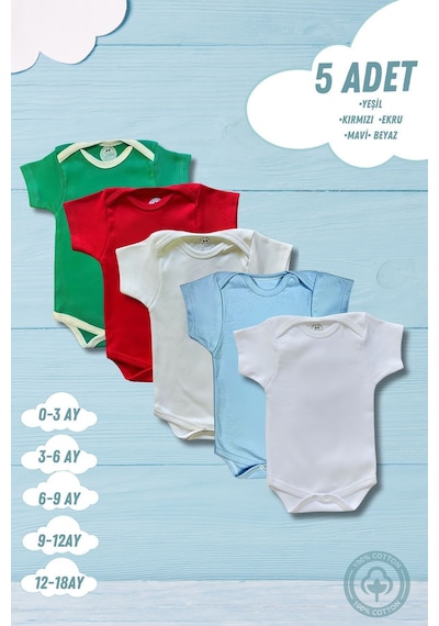 Betül Bebek Kısa Kollu 5'li Organik Pamuk Çıtçıtlı Bebek Body&zıbın Yeşiş,kırmızı,ekru,mavi,beyaz Çok Renkli