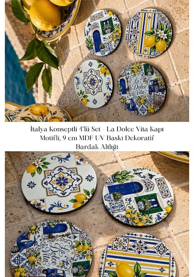 İtalya Konseptli 4 Lü Set La Dolce Vita Kapı Motifli 9 Cm Mdf Uv Baskı Çok Renkli