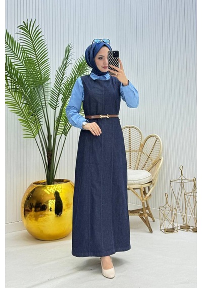 Neşeli Butik Kadın Kemerli Denim Jile Gömlek Tesettür Takım Nms073 Lacivert