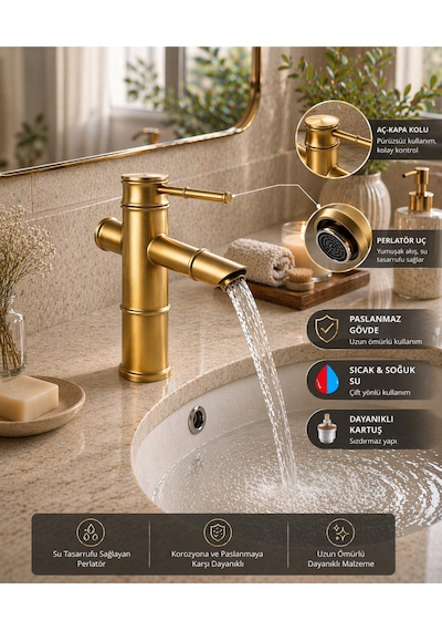 Premium Bambu Eskitme Hissiyatlı Modern Banyo Lavabo Bataryası Musluğu Çeşmesi