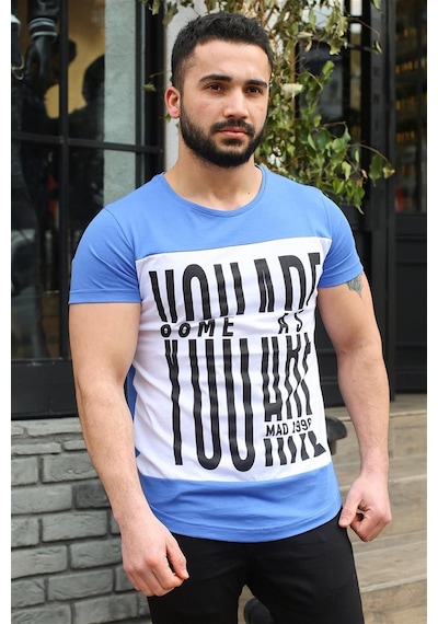 Madmext Madmext Bisiklet Yaka Baskılı Saks Tişört 3001-sax Mavi Saks Mavisi