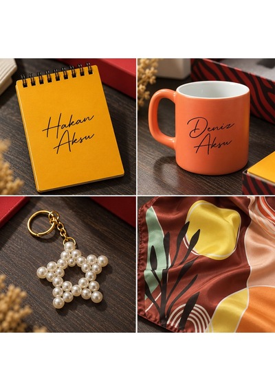 Bk Gift Kişiye Özel İsimli Not Defteri & Kupa Bardak & Yıldız Anahtarlık & Kalem & Fular - Hediye Kutulu Set-1