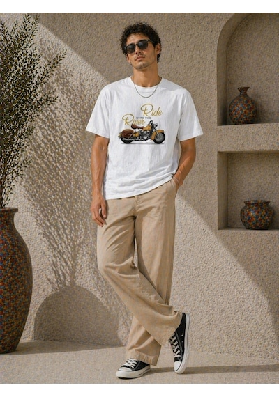 Novalisse Erkek Motosiklet Baskılı Tişört Bisiklet Yaka Kısa Kol Yazlık T-shirt - Beyaz