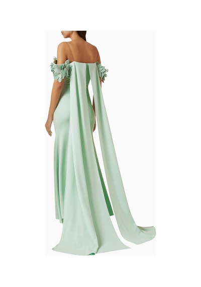 Ac By Aanchal Chanda Off - Shoulder Cape - Style Çiçek Işlemeli Maxi Kadın Elbise Yeşil