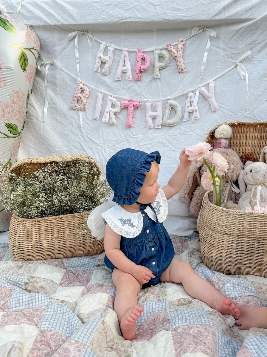 Momercy Vintage Yaka Nakışlı Dantelli Kız Bebek Kot Romper Tulum Ve Şapka Kot Rengi
