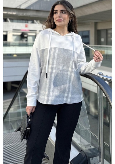 Kadın Ekru & Gri Ekose Garnili, Rahat Kesim, Kapüşonlu İki İplik Sweatshirt Gri