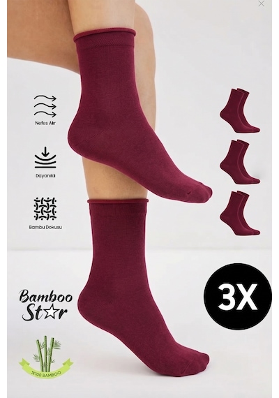 Bamboo Star Bambu Kadın Lastiksiz Bordo Soket Dikişsiz Çorap 3'lü Paket / Sıkmayan Çorap / İz Bırakmaz