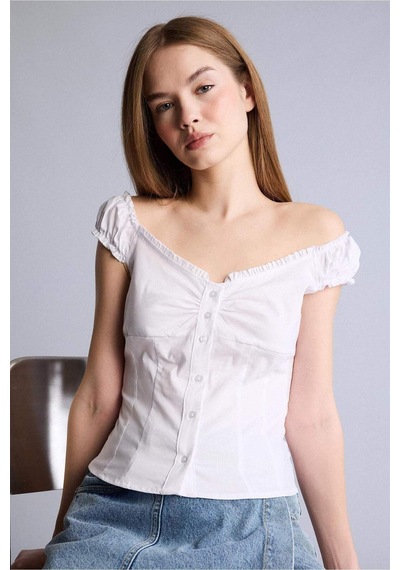 Defacto Fıtted V Yaka Poplin Kısa Kollu Bluz H2719ax26smwt83 Beyaz-wt83