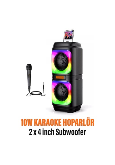 Extra Bass Bluetooth Hoparlör Speaker Karaoke Mikrofonlu 10w 2x4inç Subwoofer Rgb Işıklı 1500mah Tws