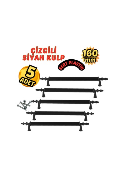 Çizgili Siyah Plastik Mobilya Kulpu 160mm 5 Li Siyah