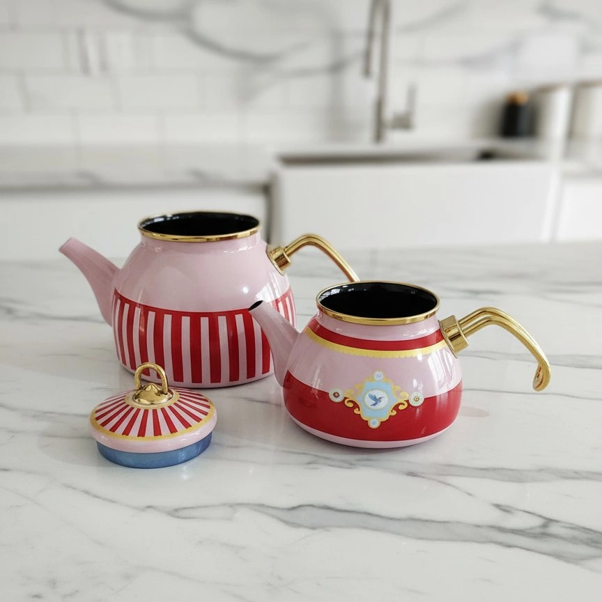 Bird Studio Pembe Renk Emaye Çaydanlık Takımı - 2 Lt. + 1 Lt. Pembe