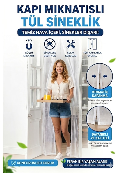 Mıknatıslı Tül Sineklik 105x205 Cm Kendiliğinden Açılıp Kapanan Kapı Sinekliği Kolay Montaj W105 X H210cm