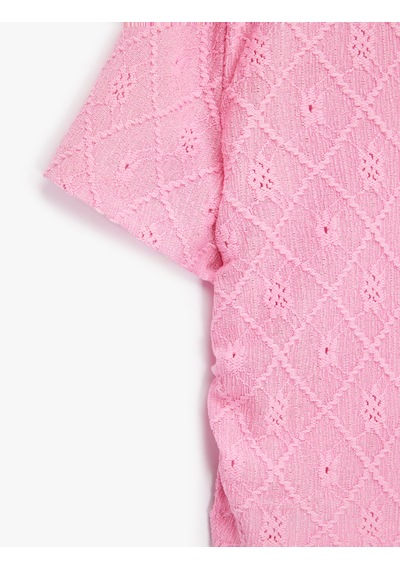 Koton Bisiklet Yaka Kısa Kollu Brodeli Bluz Pembe 6skg60119ak Gül