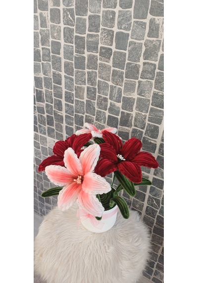 35 Cm- Saksılı Solmaz Yapay Çiçek - Geçmiş Olsun Çiçeği , Anneler Günü , Ev Hediyesi Beyaz - Bordo