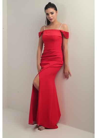 By Saygı Kadın Taşlı İnce Askılı Düşük Kollu Saten Madonna Yaka Astarlı Drapeli Double Balık Elbise-40836 Kırmızı By Saygı Kadın Taşlı İnce Askılı Düşük Kollu Saten Madonna Yaka Astarlı Drapeli Double Balık Elbise-40836 Kırmızı