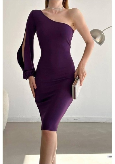 Lior Design Kadın Şık Model Krep Kumaş Tek Omuz Abiye Elbise Mor