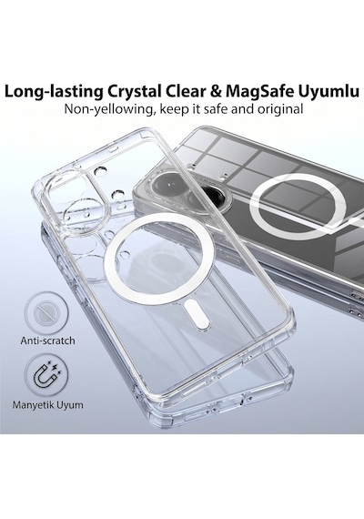 Caseonn Honor 600 Lite 5g Kılıf Magsafe Özellikli Sararmaz Kristal Sert Kapak Şeffaf