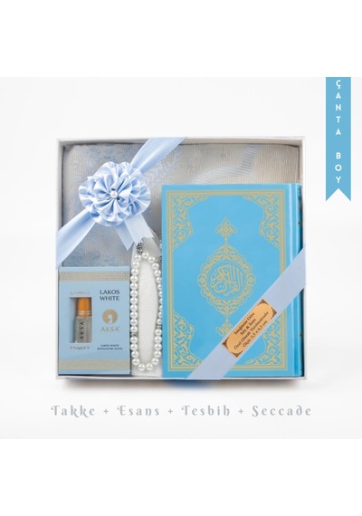 Takke + Esans + Tesbih + Seccade + Kuran Hediye Seti Çanta Boy, Mavi