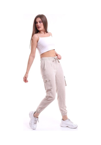 Gugus Kadın Paça Lastikli Kargo Cepli Keten Pantolon Bej
