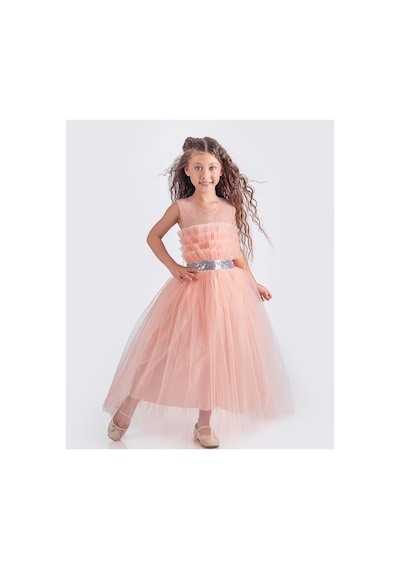 Mnk Baby & Kids Sapes Model Sırt Gipeli Tüllü Kız Çocuk Askılı Saten Abiye Mnk0618 Somon