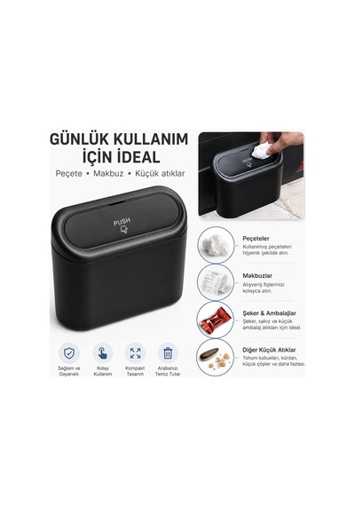 Araç İçi Kapaklı Çöp Kutusu - Portatif Taşınabilir Mini Çöp Kovası - Araba, Masaüstü, Ofis Ve Ev İçin Sı Genel