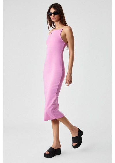 Ethıquet Havvolıne Kadın Havuz Yaka Slim Fit Kolsuz Pembe Elbise