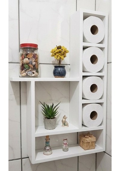 100x60 Cm Dev Boy Masif Ham Ahşap Banyo Rafı - 6 Geniş Bölmeli Tuvalet Kağıtlığı Ve Düzenleyici Beyaz