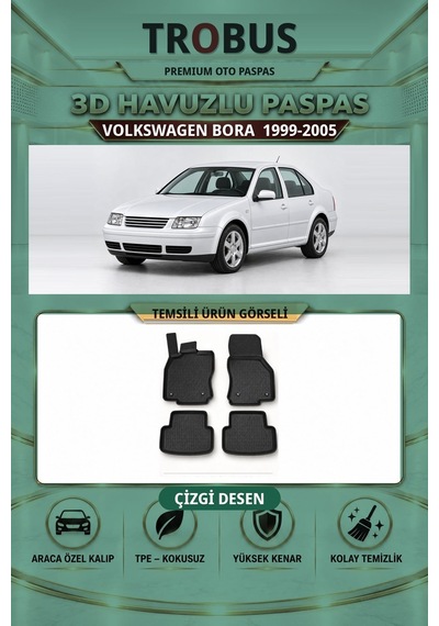 Volkswagen Bora 1999-2005 Çizgi Desen 3d Havuzlu Paspas Takımı Siyah