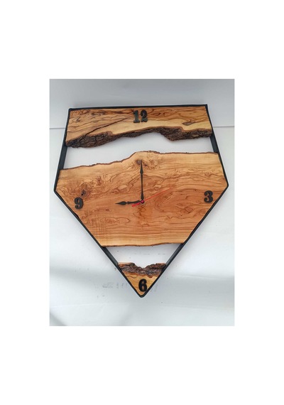 Doğal Zeytin Ağacı Masif Duvar Saati - 50x55 Cm El Yapımı Endüstriyel Metal Çerçeveli Saat Kahverengi