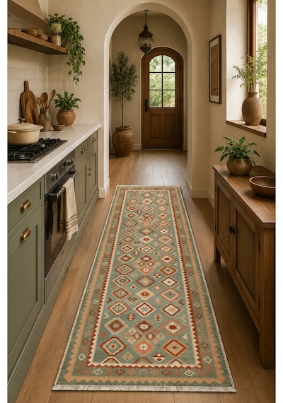 Etnik Kilim Desenli Yeşil Halı, Bohem Salon Ve Oturma Odası Halısı 3055