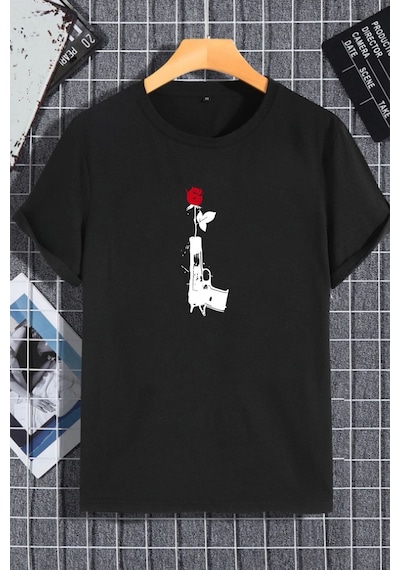Unisex Kadın Erkek Gül Silah Baskılı Oversize T-shirt Siyah Mck2269 Siyah