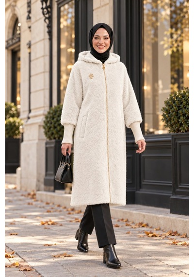 Hb Harma Time Butik Kadın Fermuarlı Kapüşonlu Angora Beyaz Kürk Kaban