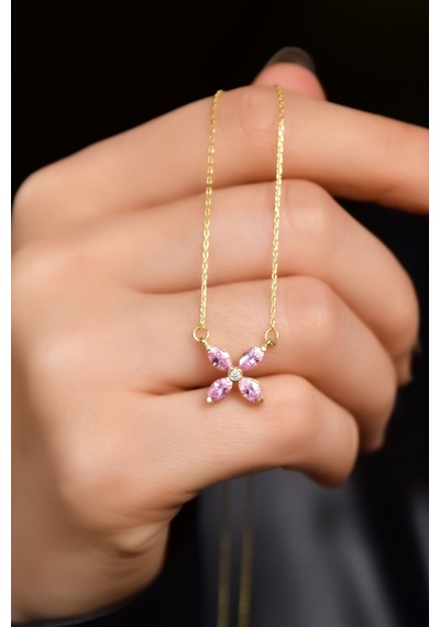 Papatya Silver 925 Ayar Gümüş Gold Kaplama Pembe Zirkon Taşlı Plumeria Kolye