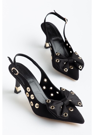 Kadın İnce Topuklu Stiletto Siyah Saten Fiyonklu-4689 Siyah