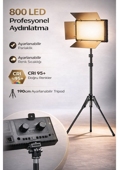 800 Led Profesyonel Video Işığı Tripodlu Ayarlanabilir Parlaklık & 3200k-5600k Renk Sıcaklığı Fotoğraf, Yayıncı, Vlog Işığı
