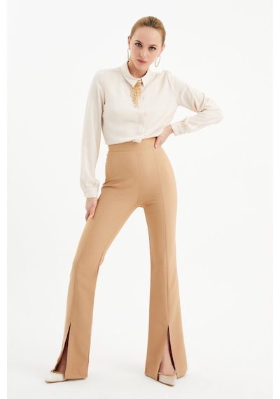 Sateen Yırtmaç Detaylı İspanyol Pantolon - Camel