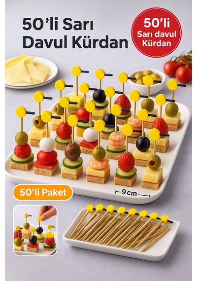 50 Li Sarı Davul Kürdan 12 Cm Parti, Sunum, Kanape, Kokteyl Ve Peynir Tabağı İçin Dekoratif Kürdan