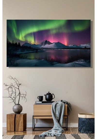 Kanvas Tablo Panoramik Yatay Tekli Ev Kafe Ofis Alaska Dağları Kuzey Işıkları Manzarası 2370