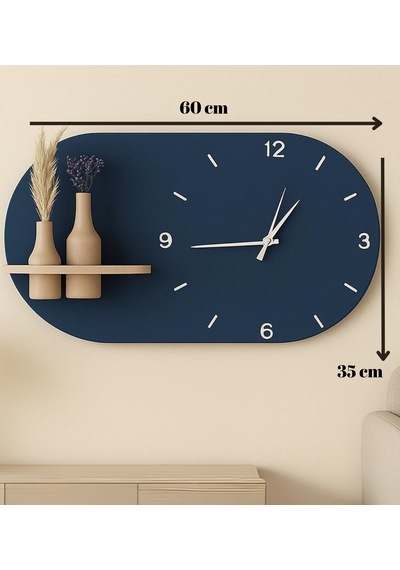 Modern Tasarım Raflı Nera Duvar Saati 60x35 Lacivert