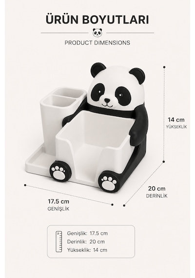 Panda Tasarımlı Masaüstü Organizer Kalemlik Notluk Ofis Çalışma Masası Düzenleyici Siyah Beyaz