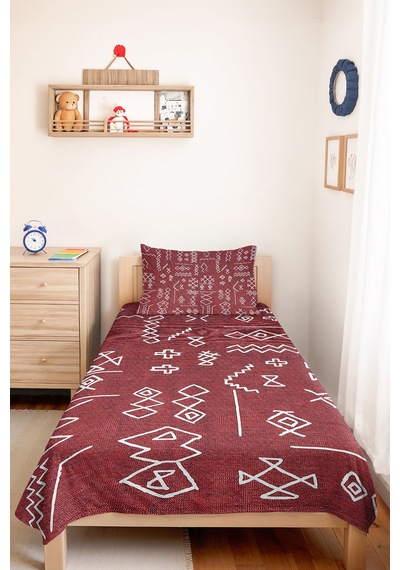 Bohem Etnik Bordo Tek Kişilik Pike Takımı - Geometrik Beyaz 160x220 Cm Kapitone Yazlık Yatak Örtüsü Kırsal Ufuk Demi