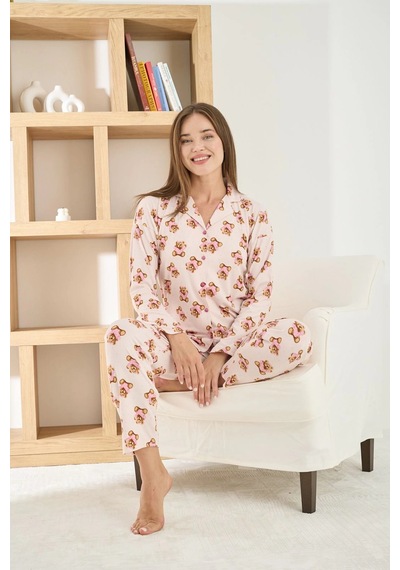 Pijamoni Kadın Berlin Kumaş Önden Düğmeli Ayıcıklı Pembe Pijama Takımı - 8851 Ayıcık Desenli Pembe Pijamoni Kadın Berlin Kumaş Önden Düğmeli Ayıcıklı Pembe Pijama Takımı - 8851 Ayıcık Desenli Pembe