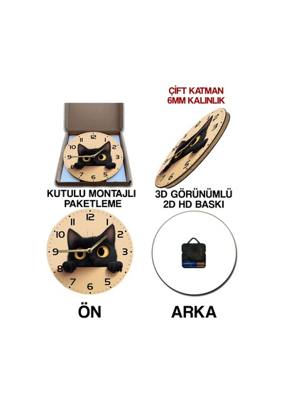 Şirin Bakışlara Zaman Ayırın 3d Görünümlü Siyah Kedi Mdf Duvar Saati Sdw229 Renkli