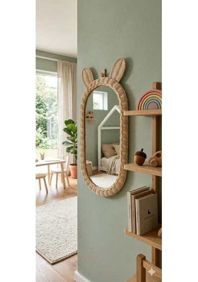 Rattan Bambu Çocuk Odası Kulaklı Boy Aynası 30x60 Ekru