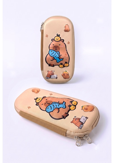 Capybara Desenli 5 Parça İlkokul Ortaokul Çanta Seti - Sırt Beslenme Çantası Kalemlik Defter Sticker Kahverengi